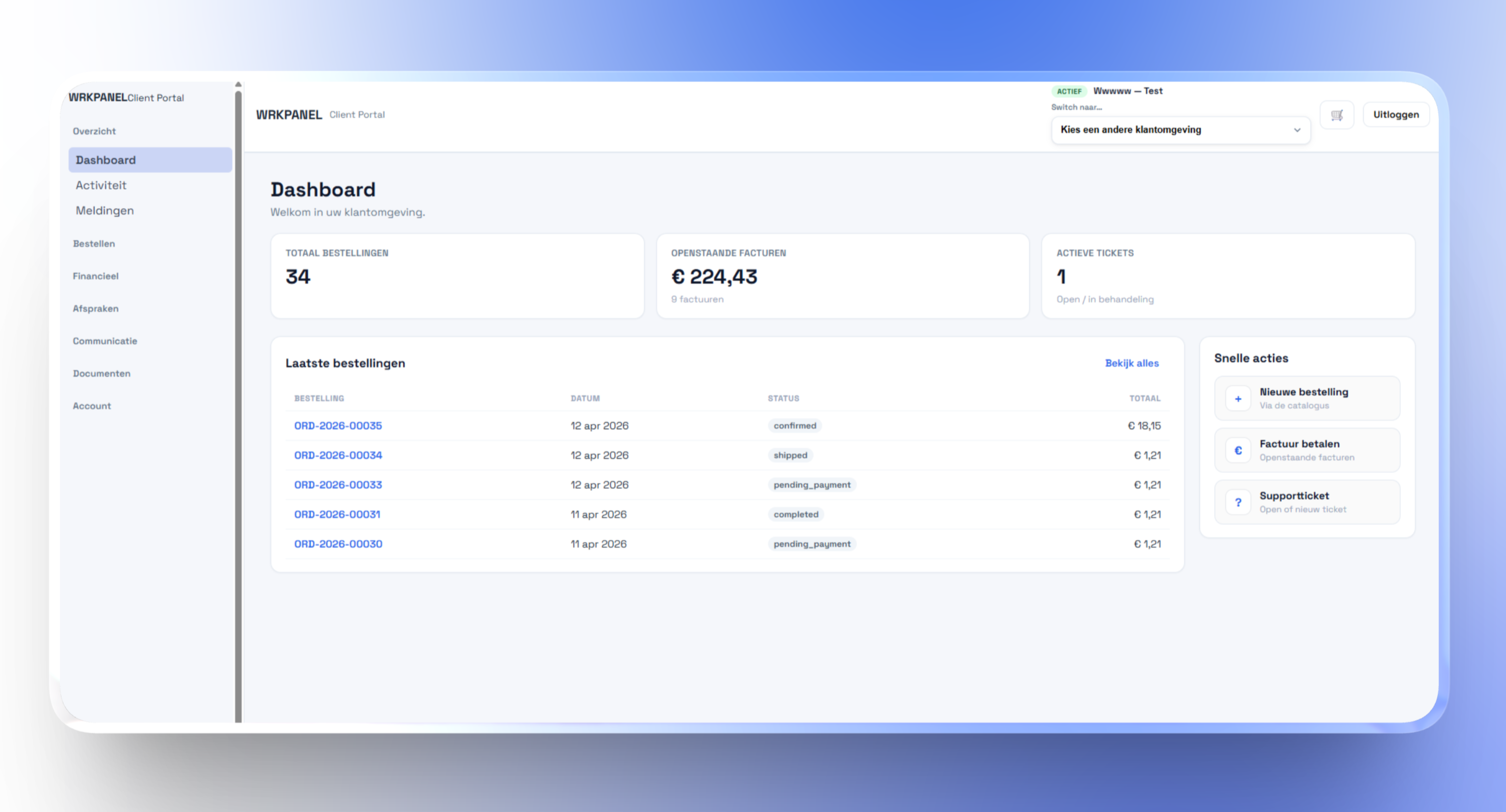 Schermopname van het WrkPanel klantportaal